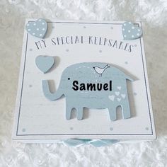 a card with an elephant and hearts on it's back that says, my special keepsakes samuel