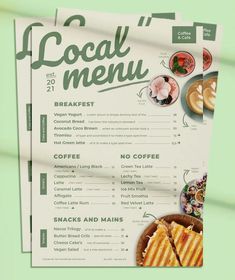 two menus on top of each other with different food items in the bottom right corner