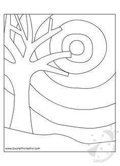 a coloring page with an image of a tree and swirls in the center, which is