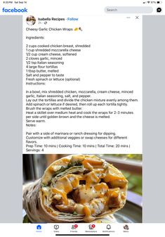 an image of a recipe for chicken wraps on facebook, with the caption's description below