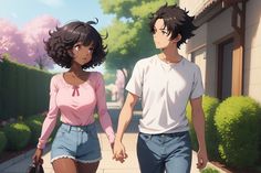 two people are walking down the street holding hands and looking at each other's eyes