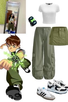 an anime character is wearing green pants and white t - shirt