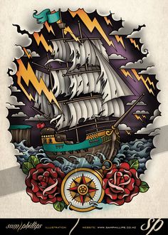 an old school tattoo design with a ship in the ocean and roses on it's side