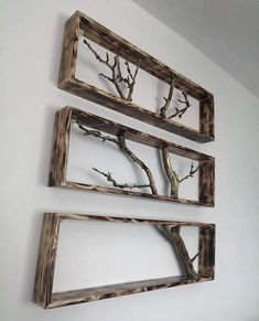 three wooden frames are hanging on the wall with tree branches in them and one is empty