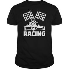 a black shirt that says racing with checkered flags on it and a racer in the background