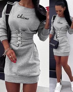 Awesome! Amazing! Our latest arrival. Lasaky - Letter print sweatshirt dress with lace-up corset and eyelets at $33.99. Long Sleeve Sweat Shirt Dress, Bodycon Dress Casual, Blue Bodycon Dress, Dress With Corset, Moda Chic, Letter Print Sweatshirt, Sweater Dress Women, Print Sweatshirt, Sweatshirt Dress