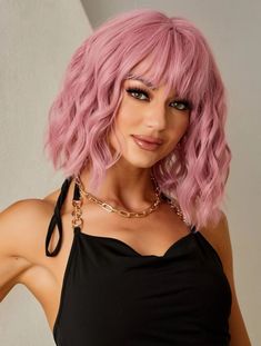 Color: Pink Style: Short Wavy Pink Wig with bangs Material: Synthetic Fiber Perm, Dye, Bleach Heat Tolerance: 150C Net Weight: 180g Length: 35cm, 14in Crown: 58cm Pink Bob Wigs With Bangs, Ombré Hair, Pink Wig, Hair Color Pink, Short Wavy Hair, Short Wavy, Short Bob Wigs, Hair Design, Costume Wigs