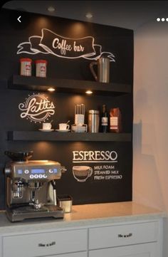 the coffee bar is equipped with many different types of espresso machines