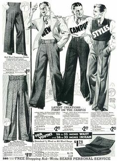 These pants are sometimes called Oxford Bags. Since the men at Oxford had to wear knickers as part of the dress code, they would throw this wide-leg trouser over the top of them when they went off campus. These pants became hugely popular, if not slightly ridiculous, in the 1920s. Marlene Hose, Oxford Bags, Sears Catalog, Formal Mens Fashion, 1930s Fashion