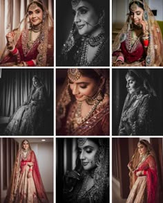 the bride poses in her traditional bridal outfit and jewelry for this wedding photo shoot