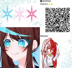 an anime character with big blue eyes and long brown hair is next to a qr code