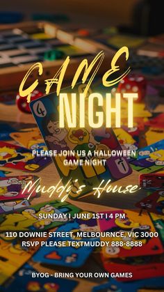 the game night flyer is displayed on a table