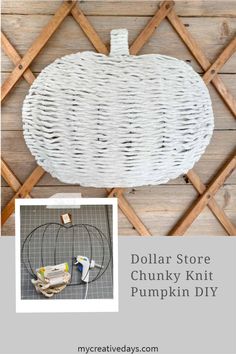 the dollar store chunk knit pumpkin diy is on display in front of a wooden fence