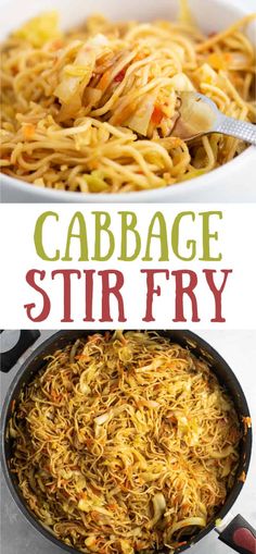 cabbage stir fry in a skillet with the words cabbage stir fry above it and below