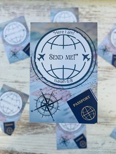 there is a sticker with the words send me? and an passport on it