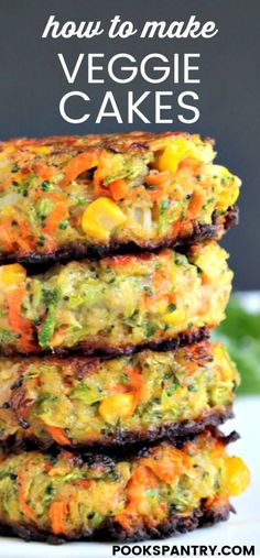 three cakes stacked on top of each other with the words how to make veggie cakes