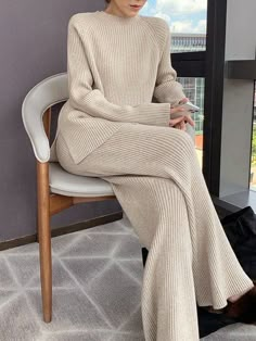 Plus Size Loose Plain Crew Neck Urban Sweater | stylewe Casual Loose Sweater, Wide Leg Knit Sweater Pants, Long Sleeve And Pants Set, Sweater Over Maxi Dress Plus Size, Long Loose Sweater Dress, Loungewear For Errands, Plus Size Loungewear Women, Plus Size Long Sweater, Plus Size Maxi Sweater Dress