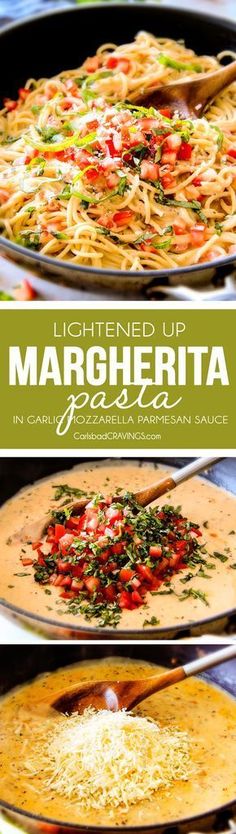 the ingredients for this lightened up margherita pasta are shown in three separate pans