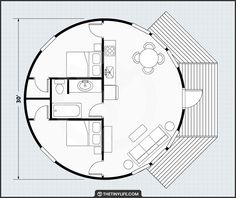 a floor plan for a round house with living room and dining area in the center