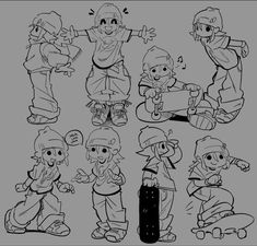 some cartoon characters are doing different things in the same drawing style as they appear to be skateboarders