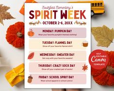 a poster with the words spirit week on it next to fall leaves and pumpkins