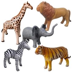 four different types of toy animals are shown in this image, including an elephant, giraffe, and zebra