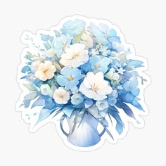 a bouquet of blue and white flowers in a vase sticker on a white background