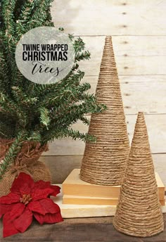 twine wrapped christmas trees with poinsettis and books on a wooden table