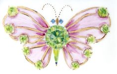 a pink butterfly with green accents on it's wings