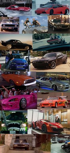 a collage of different cars and trucks in multiple pictures, all with the same color scheme