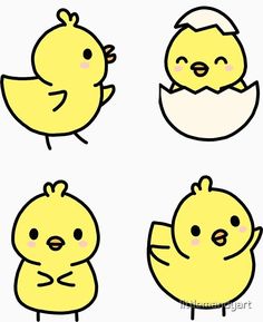 four yellow chicks with one egg in its mouth and the other looking like it's hatch