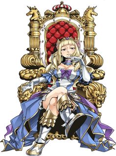 a woman sitting on top of a golden throne with a red heart in her hand