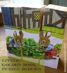 the little golden book puzzle blocks are made out of cardboard and have rabbits on them