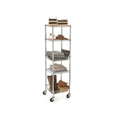 a metal shelf with four shelves on wheels