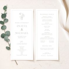 two wedding programs with greenery on them