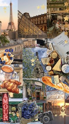 the collage shows many different things that are in front of the eiffel tower