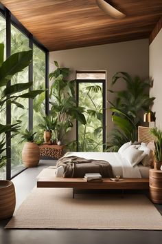 a bedroom with lots of plants in the corner and a bed on top of it