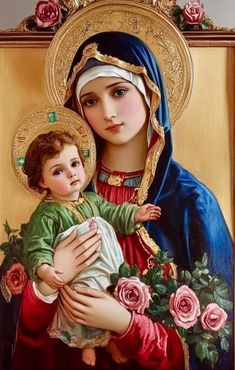 an image of the virgin mary holding a child in her arms with roses around her neck