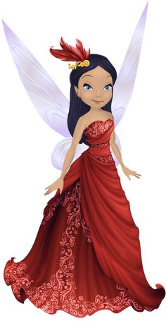 a cartoon fairy with red dress and wings