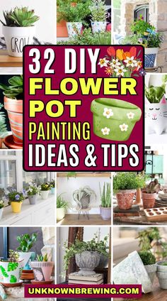 some flowers and potted plants are featured in this collage with the words 32 diy flower pot painting ideas & tips