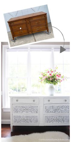 an old dresser is transformed into a sideboard with stencils and flowers on top