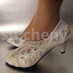 su.cheny 2” White ivory pearls lace crystal Wedding shoes Bridal women size 5-12 | eBay Ballet Wedding Shoes, Hair Tiara, Wedding Shoes Pumps, Satin Wedding Shoes, Pearl Wedding Shoes, Ivory Heels, Bridal Shoes Low Heel, Crystal Wedding Shoes, Wedding Shoes Low Heel