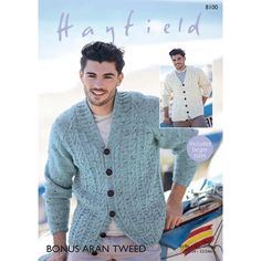 a man wearing a cardigan and smiling in front of the cover of knitting book hayfield