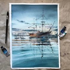 a watercolor painting of a ship in the ocean