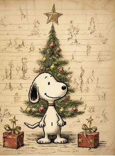 a drawing of a dog standing in front of a christmas tree