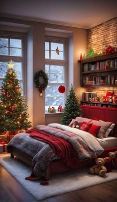 a bedroom decorated for christmas with red and green decor