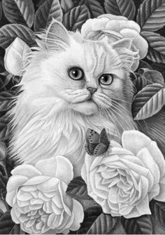 a painting of a white cat with green eyes surrounded by pink roses