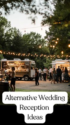 A lively wedding reception with guests enjoying a cocktail party, featuring food trucks, outdoor seating, and creative decor for a unique celebration. Wedding Reception High Top Tables, Romantic Outdoor Wedding Reception, Food Truck Reception Ideas, Standing Reception Wedding, Wedding Reception At A Bar, Foodtruck Wedding Table Setting, Burger Wedding Reception, Low Key Reception Ideas, Frugal Wedding Reception