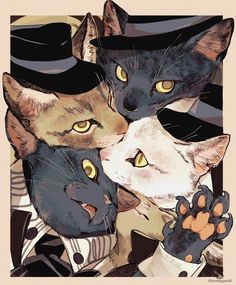 three cats wearing top hats and tails with one paw on the other's chest