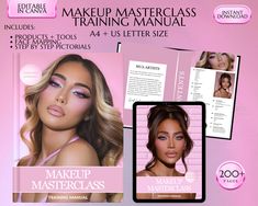 Makeup Masterclass Manual, Makeup Manual, MUA Manual, MUA Training, MUA Course, Makeup Artists Student Guide, Edit in Canva --- Buy Today, Edit Today, Use Today!  ALL MANUALS CAN BE DOWNLOADED AS PDF EBOOKS FREE IN CANVA Training Manual for Make-Up Artists - This guide is suitable for both professionals and beginners, students or tutors. The manual is broken down into basics, regardless of skin tone or type, all the information is included. All the knowledge is laid out in a step-by-step way inc Makeup Teacher, Makeup Artist Course, Step By Step Contouring, Makeup Masterclass, Face Mapping, Eyebrow Mascara, Under Eye Puffiness, Student Guide, Concealer For Dark Circles